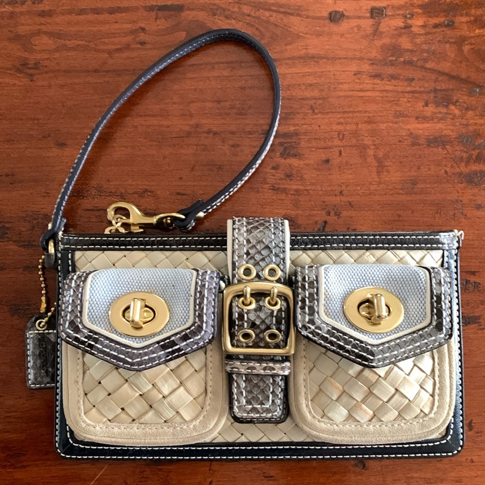 Rare Coach Wristlet, Woven Straw w/ Blue Snakeskin, Blue Leather, Brass Hardware